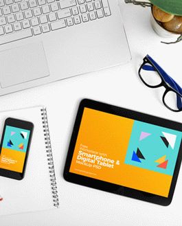 Free Workplace With Smartphone & Digital Tablet MockUp