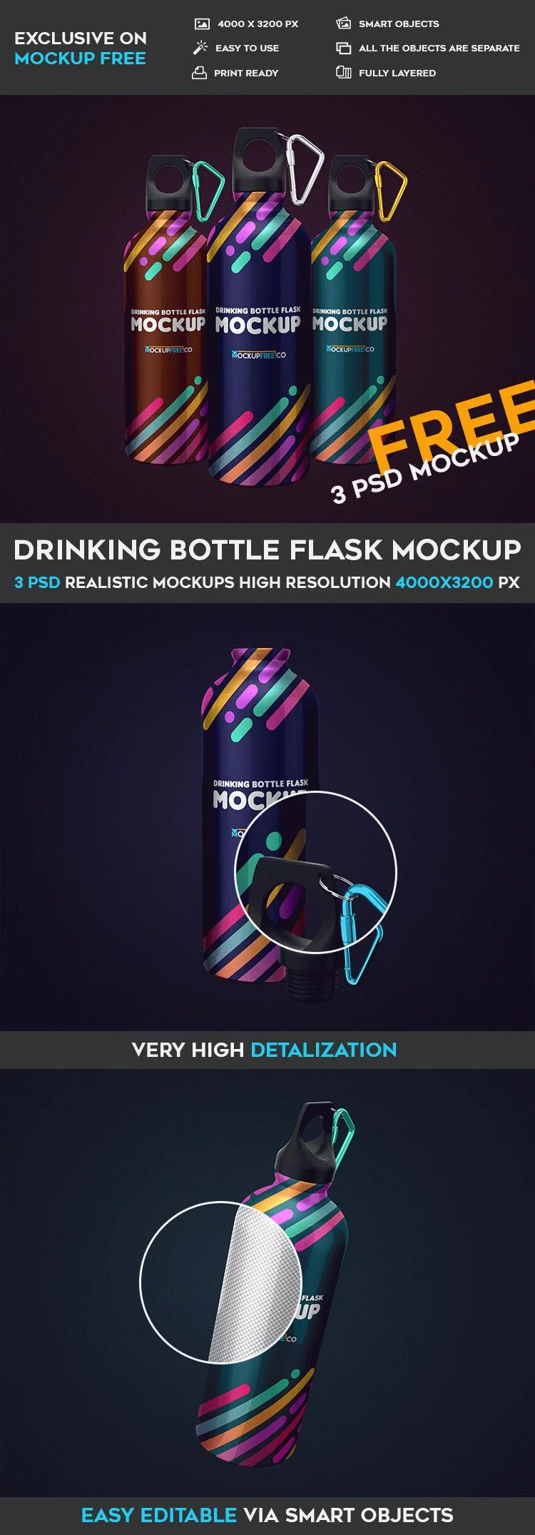 Drinking Bottle Flask – 3 Free PSD Mockups