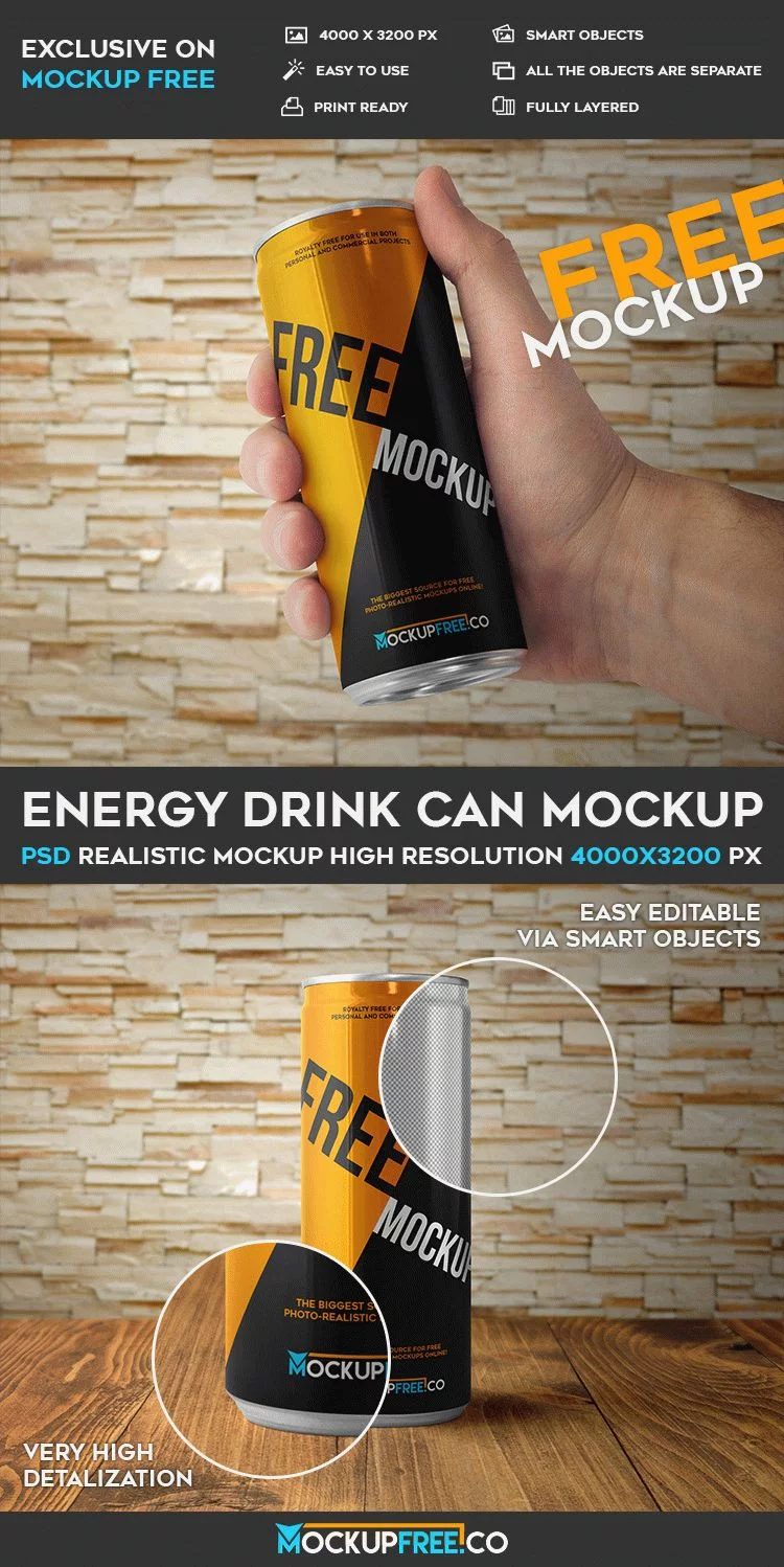 Energy Drink Can – 2 Free PSD Mockup