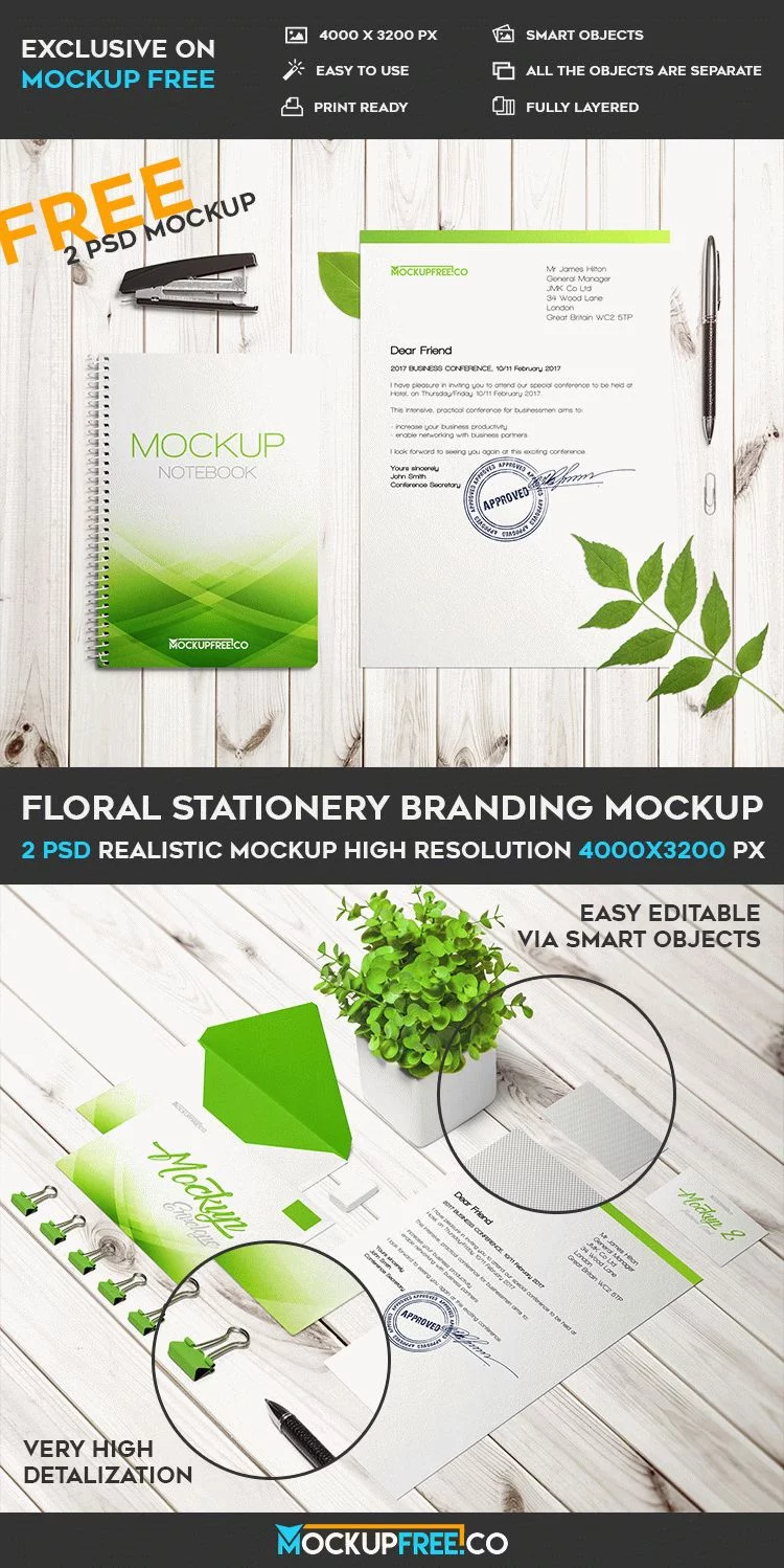 Floral Stationery Branding – 2 Free PSD Mockups