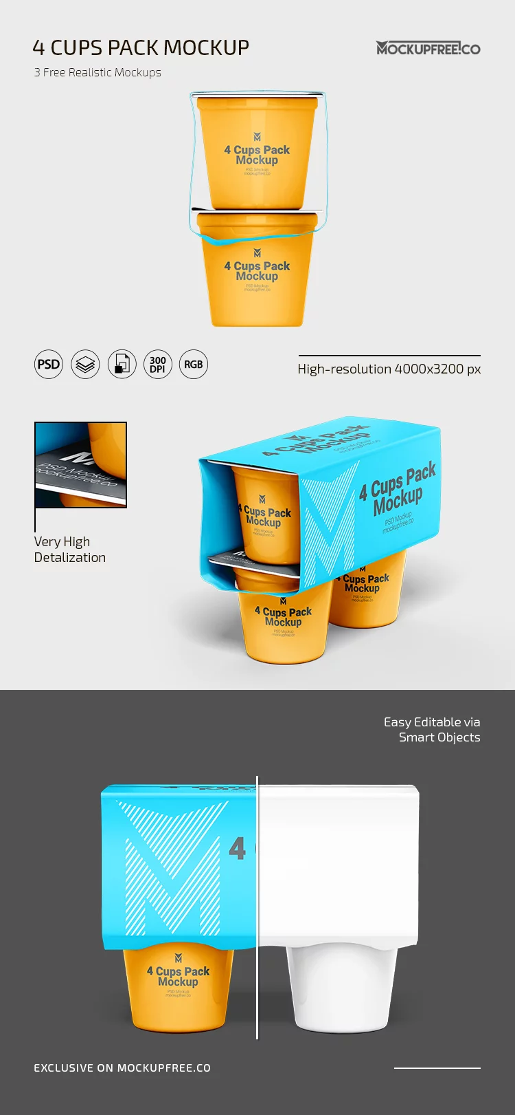 Free 4 Cups Pack PSD Mockup
