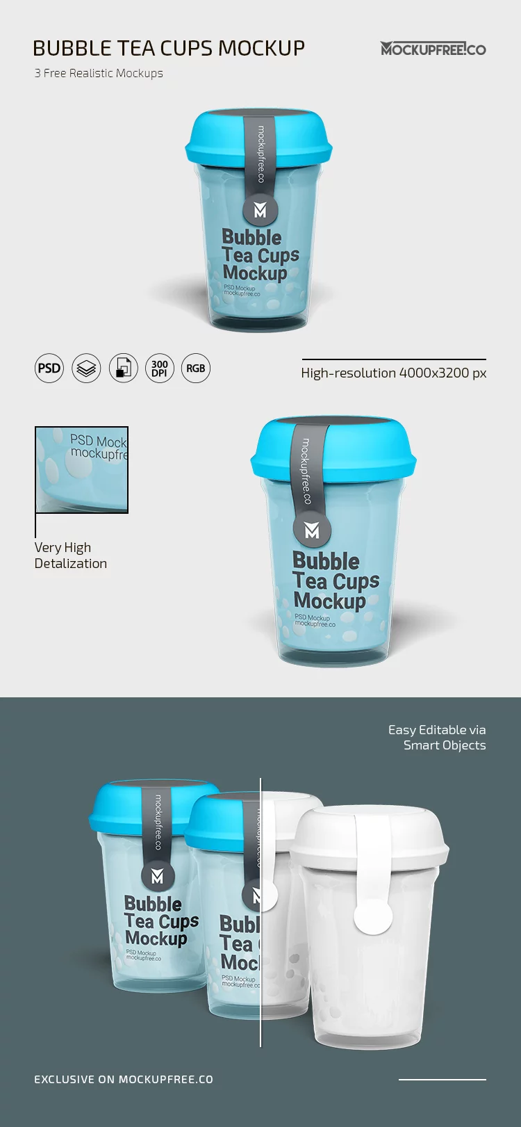 Free Bubble Tea Cups PSD Mockup