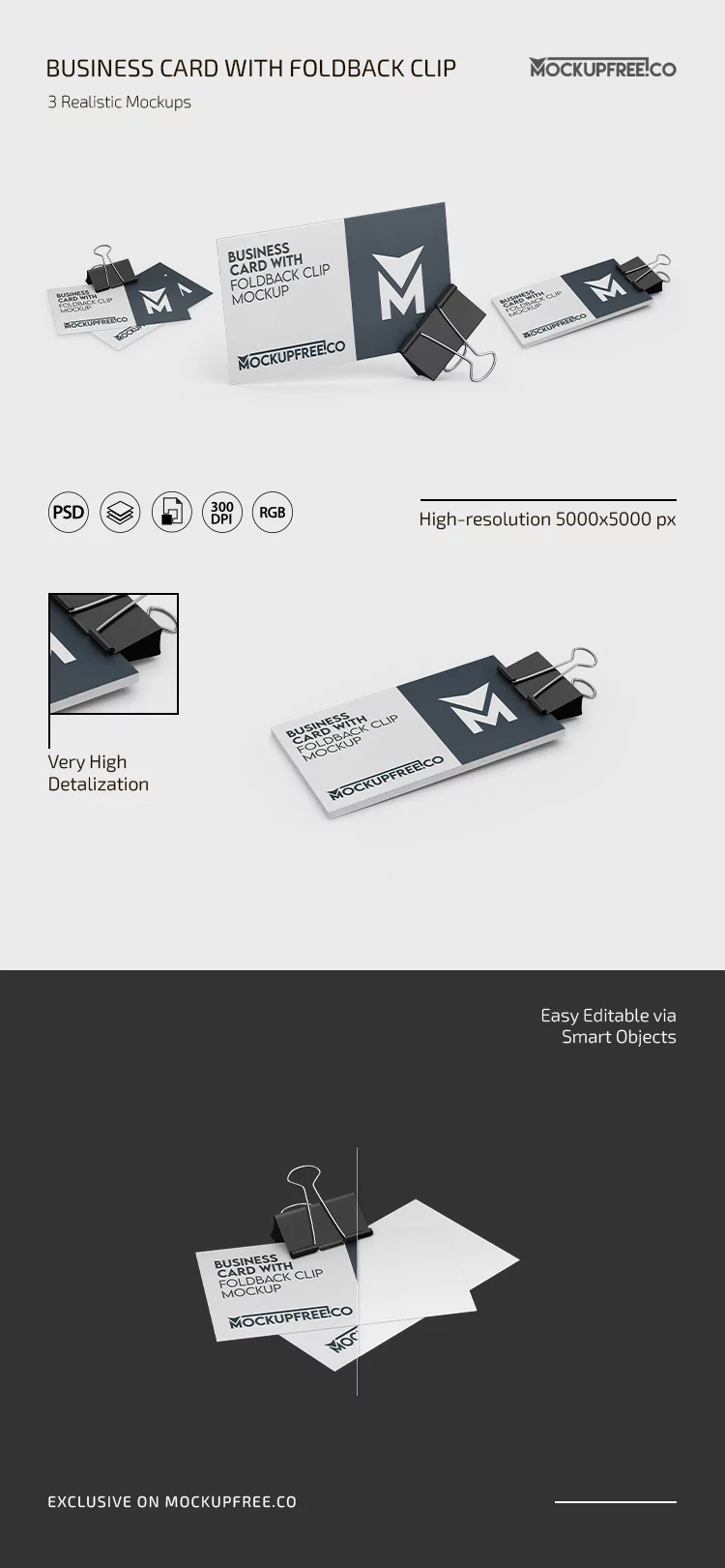 Free Business Card With Foldback Clip Mockup Set For Photoshop