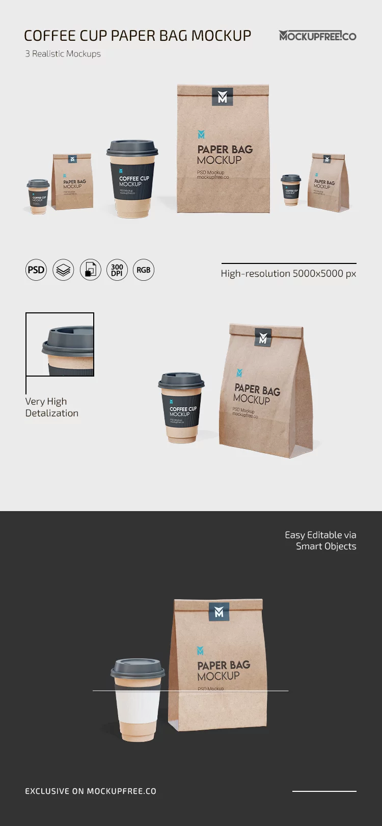 Free Coffee Cup Paper Bag PSD Mockup