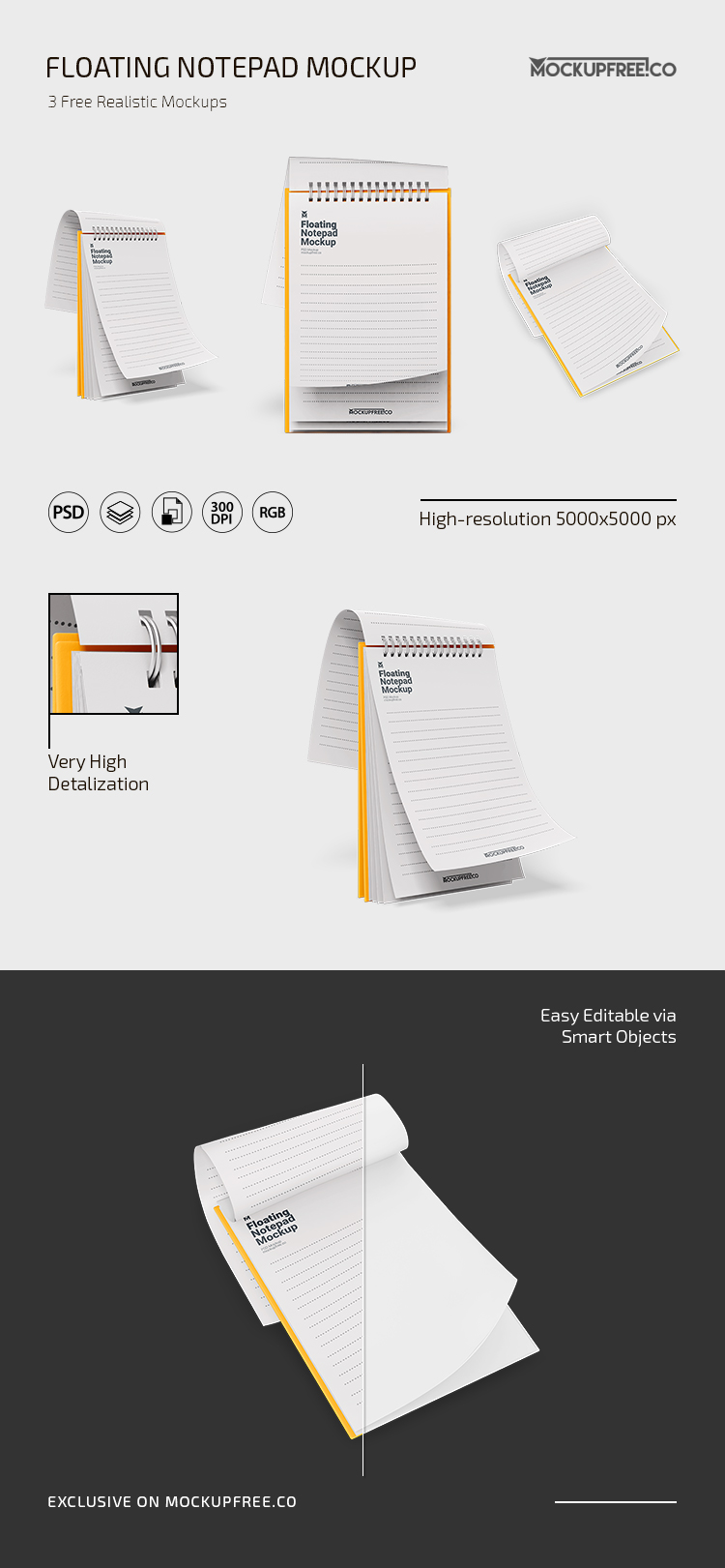 Free Floating Notepad Mockup Pack in PSD for