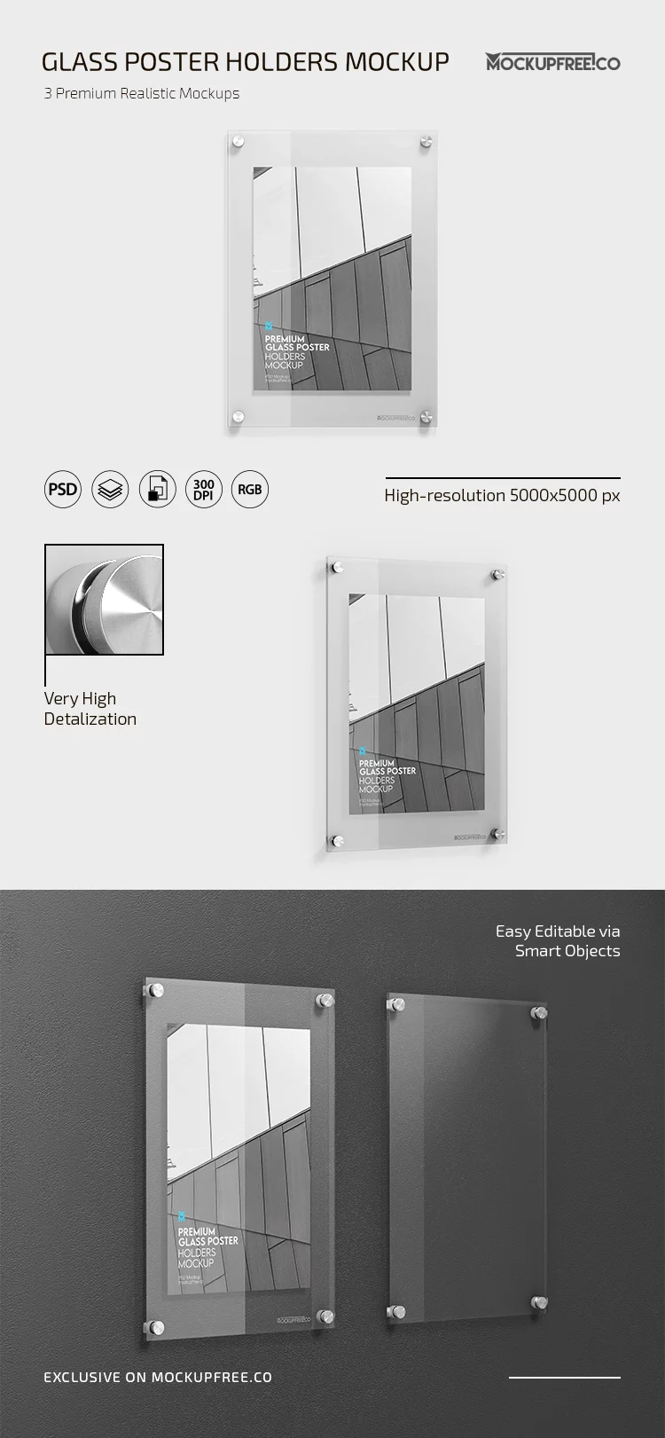 Free Glass Poster Holders PSD Mockup