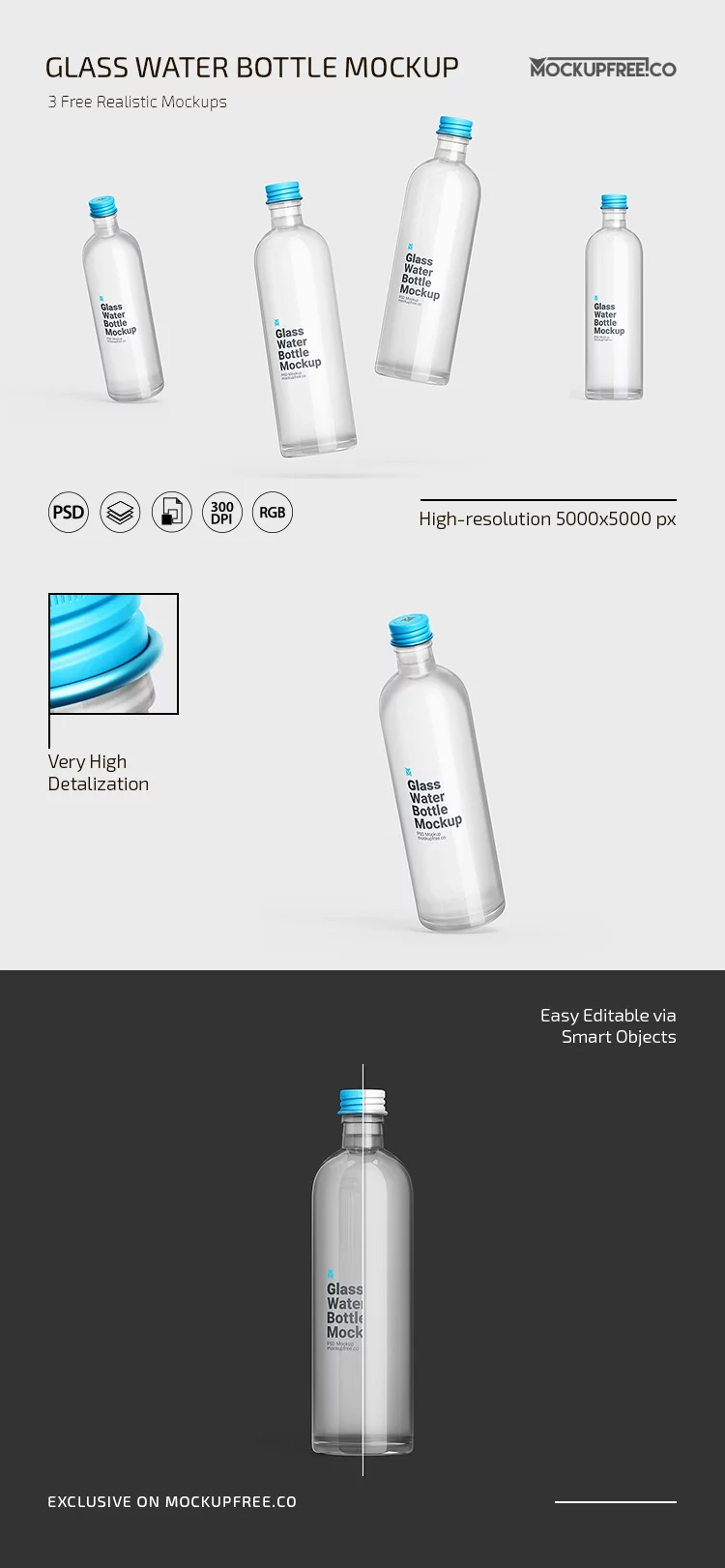 Free Glass Water Bottle PSD Mockup