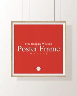 Free Hanging Wooden Poster Frame PSD Mockup