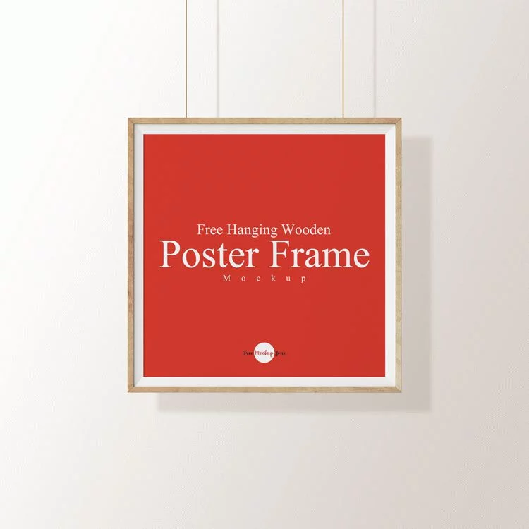 Free Hanging Wooden Poster Frame PSD Mockup