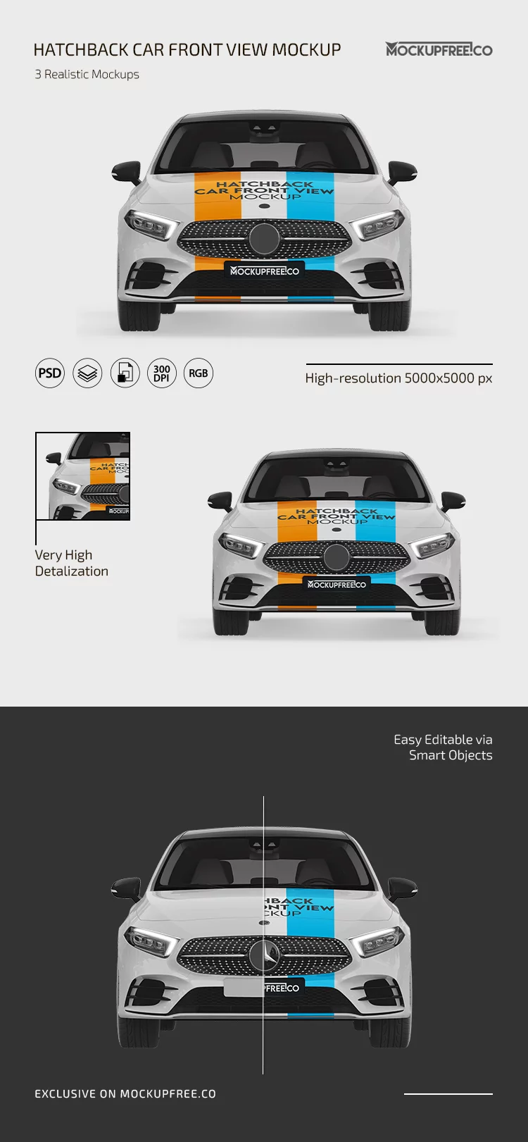 Free Hatchback Car Front View PSD Mockup