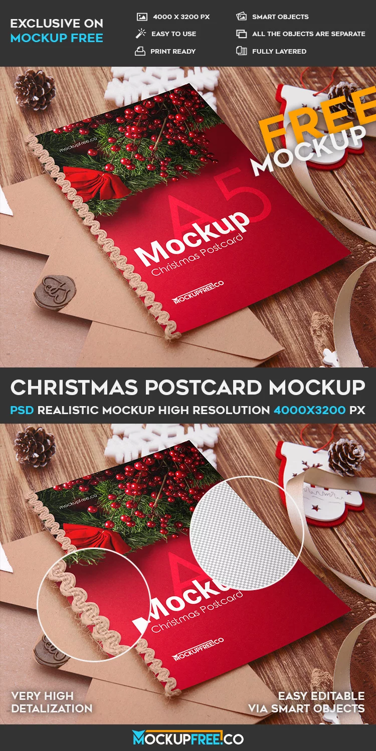 Free PSD Christmas Postcard Mockup