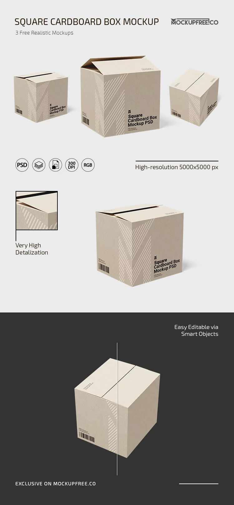 Free PSD Square Cardboard Box Mockup Design