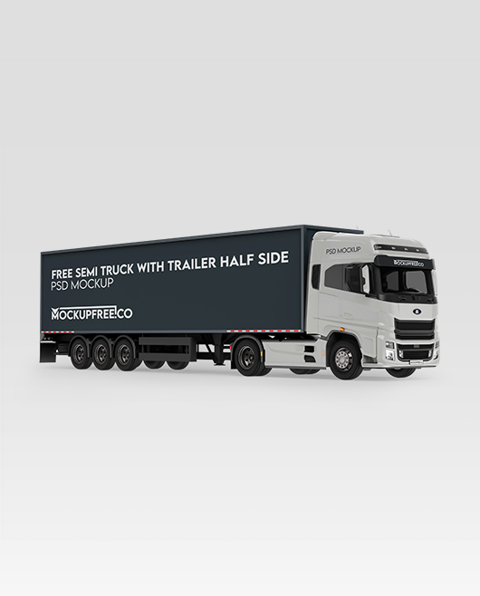 Free Semi Truck With Trailer Half Side Psd Mockup For Photoshop