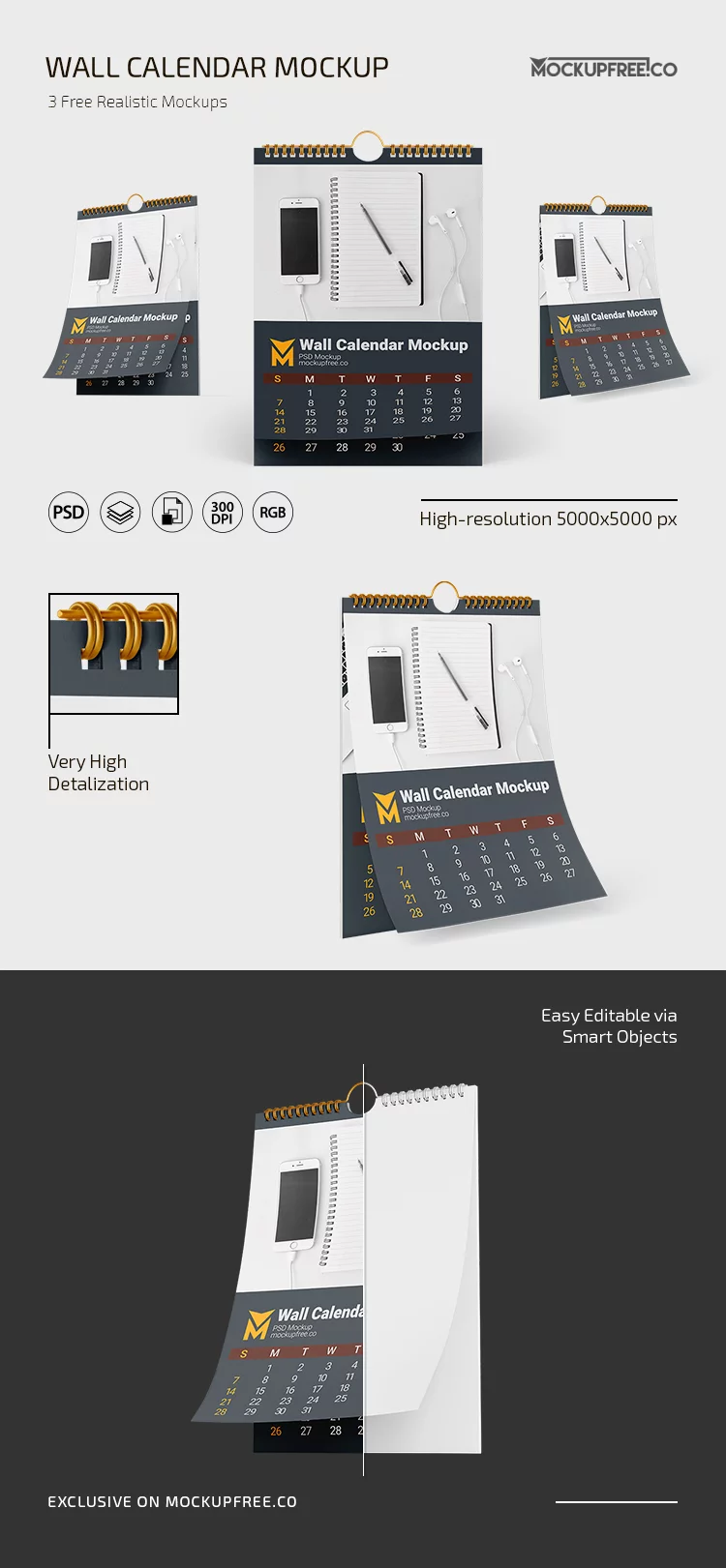 Free Wall Calendar PSD Mockup