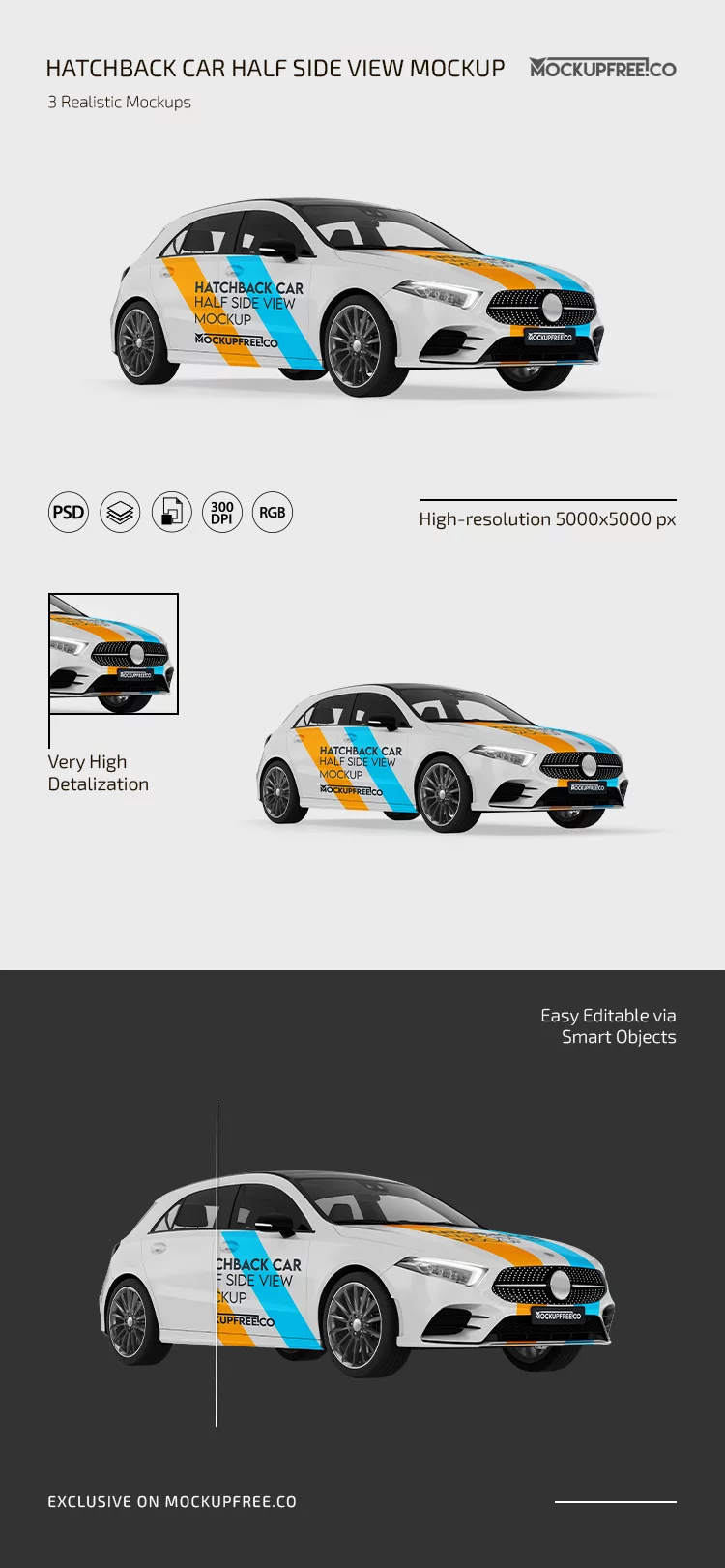 Hatchback Car Half Side View PSD Mockup