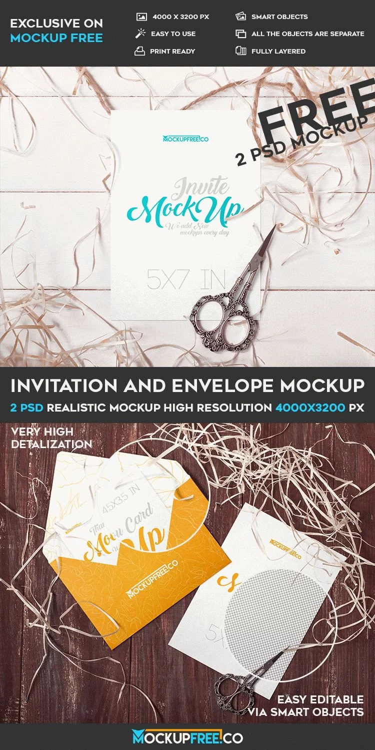 Invitation and Envelope – 2 Free PSD Mockups
