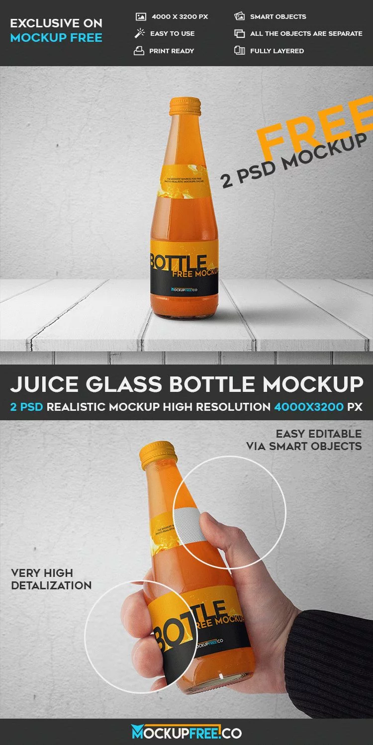 Juice Glass Bottle – 2 Free PSD Mockups