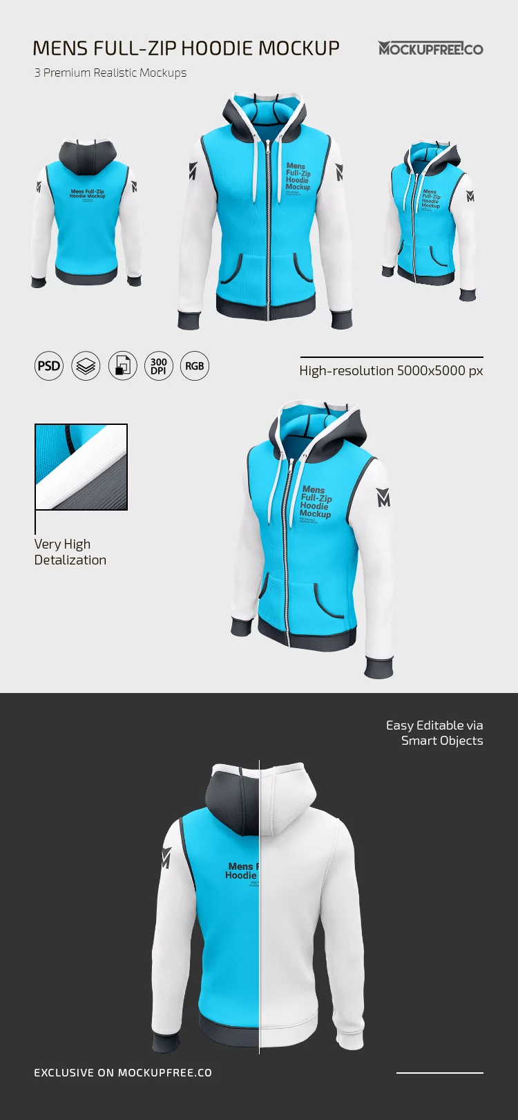 Men’s Full-Zip Hoodie PSD Mockup Set