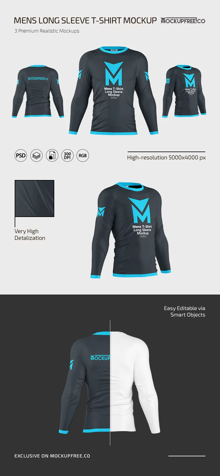 Men’s Long Sleeve T-Shirt PSD Mockup Set