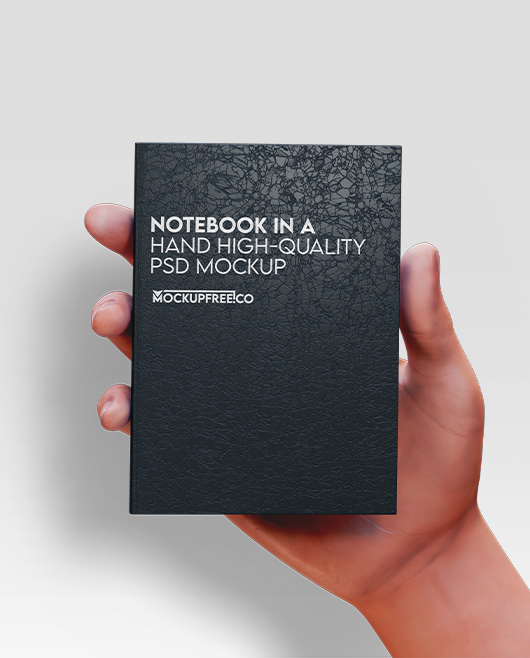 Free Hand Notebook Notebook in a Hand High-Quality PSD Mockup Set for Photoshop