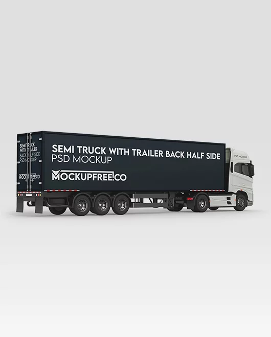 Semi Truck With Trailer Back Half Side PSD Mockup