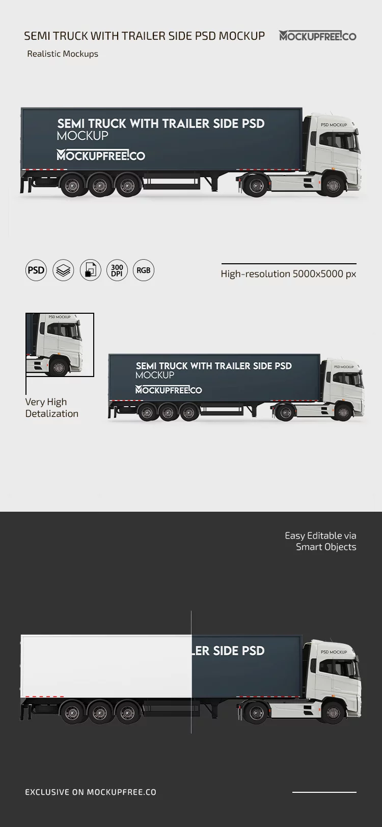 Semi Truck With Trailer Side PSD Mockup