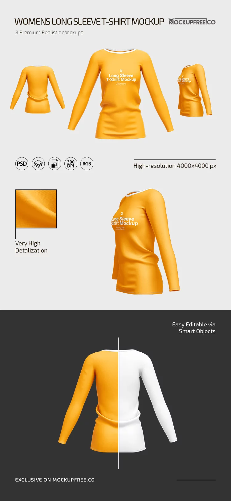 Women’s Long Sleeve T-Shirt PSD Mockup Front and Back
